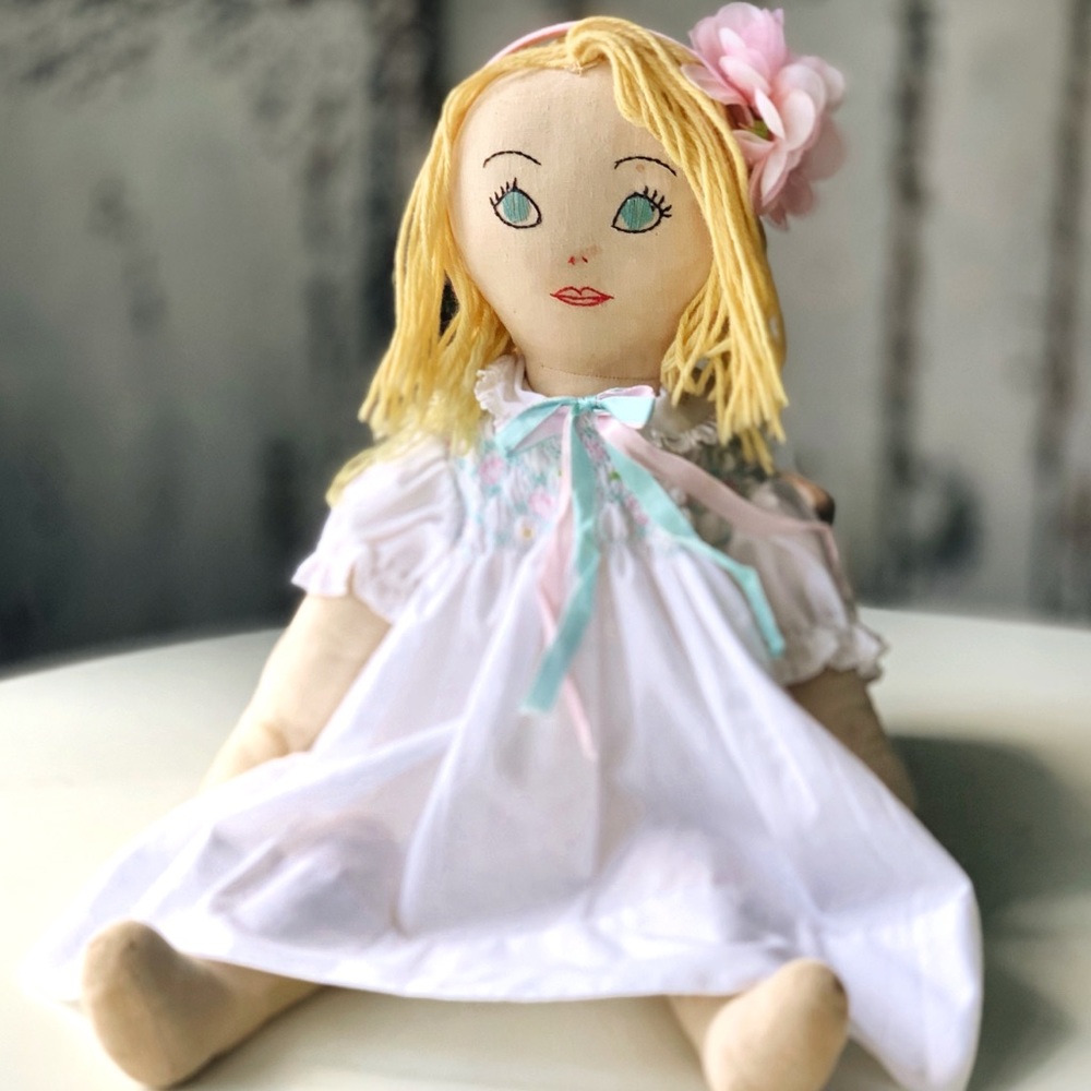 Vintage rag cloth doll 21” in white vintage dress